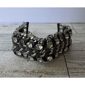 Chain Bracelet with Gray Leather Clear Rhinestones Gothic Style 6-7" Silver Tone
